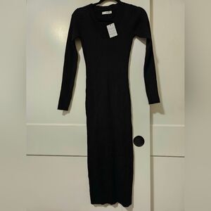 New Mango black long sleeve v-neck knit dress